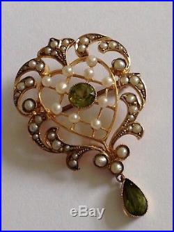 Antique Victorian 9ct Gold Natural Seed Pearl & Peridot Set Heart Shaped Brooch