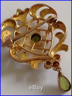 Antique Victorian 9ct Gold Natural Seed Pearl & Peridot Set Heart Shaped Brooch