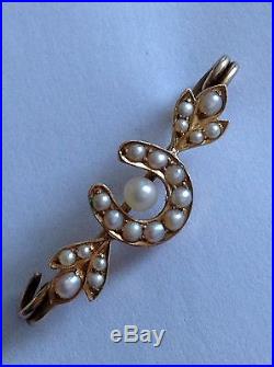 Antique Victorian 9ct Gold Natural Seed Pearl Set Horseshoe Brooch