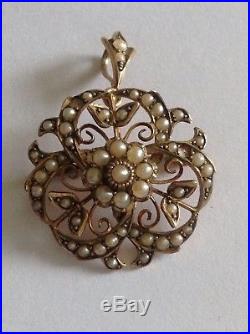 Antique Victorian 9ct Gold & Natural Seed Pearl Set Pendant / Brooch