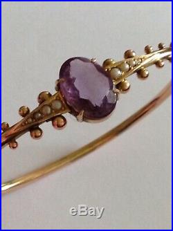 Antique Victorian 9ct Rose Gold Amethyst & Seed Pearl Set Hinged Bangle