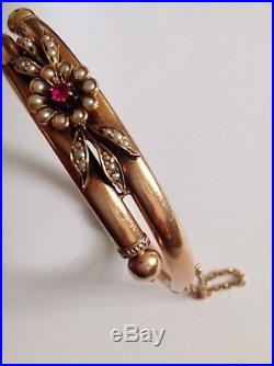 Antique Victorian 9ct Rose Gold Ruby & Seed Pearl Set Hinged Bangle
