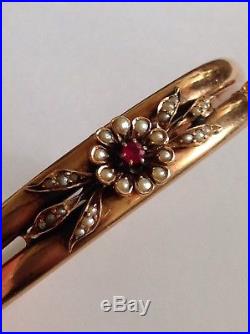 Antique Victorian 9ct Rose Gold Ruby & Seed Pearl Set Hinged Bangle