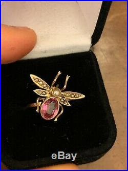 Antique Victorian 9ct Rose Yellow Gold Red Gem & Pearl Set Fly Bug Insect Ring