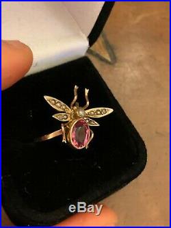 Antique Victorian 9ct Rose Yellow Gold Red Gem & Pearl Set Fly Bug Insect Ring
