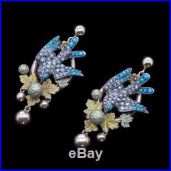 Antique Victorian Earrings Birds Pave Set Turquoise Pearls Gold Silver (4290)