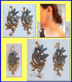 Antique Victorian Earrings Birds Pave Set Turquoise Pearls Gold Silver (4290)
