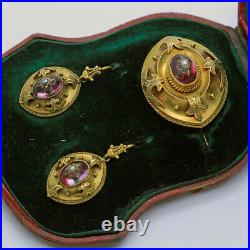 Antique Victorian Earrings Brooch Set Parure 18k Gold Amethysts Pearls (6906)