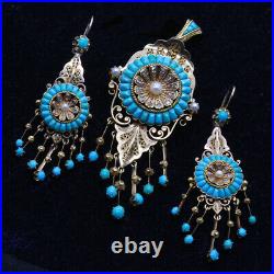 Antique Victorian Earrings Pendant Brooch Gold Turquoise Diamonds Pearls (6787)