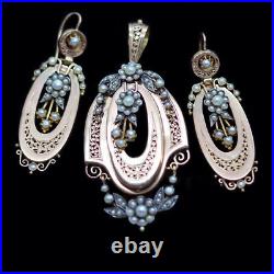 Antique Victorian Earrings Pendant Brooch Set 18k Gold Pearls French (5623)