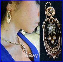 Antique Victorian Earrings Pendant Brooch Set Gold Pearls French Parure (5623)