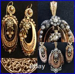 Antique Victorian Earrings Pendant Brooch Set Gold Pearls French Parure (5623)
