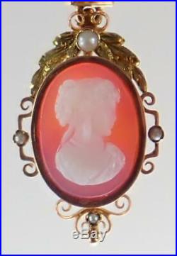 Antique Victorian French 18K Gold Pearl Cameo Necklace Pendant Earrings Set