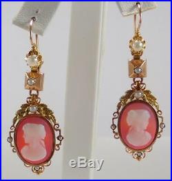 Antique Victorian French 18K Gold Pearl Cameo Necklace Pendant Earrings Set