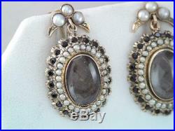 Antique Victorian Gf Mourning Hair Pearl Black Stone Pin & Earrings Set