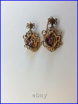 Antique Victorian Gold Filled Amethyst & Pearl Dangle Earrings & Pin Set
