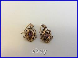 Antique Victorian Gold Filled Amethyst & Pearl Dangle Earrings & Pin Set