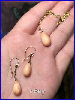 Antique Victorian Gold Filled Coral Pendant Drop Earrings & Necklace Set
