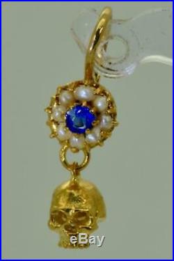 Antique Victorian Memento Mori Skull 14k Gold&Sea Pearls&Sapphires Earrings set