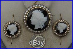Antique Victorian Stone Cameo Earrings & Brooch 18k Gold 1868 Oriental Pearls