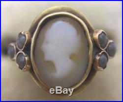 Antique Victorian Unusual Cameo & Pearl Ring Set In Yellow Gold