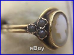 Antique Victorian Unusual Cameo & Pearl Ring Set In Yellow Gold
