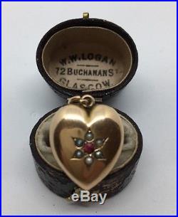 Antique Victorian Yellow Gold Gem & Pearl Set Locket Back Heart Pendant