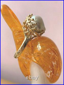 Antique Vintage 14k Yellow Gold Baroque Pearl Ring Heavy Brutalist Setting