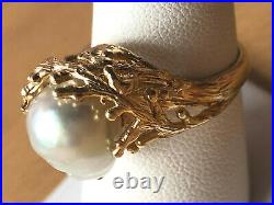 Antique Vintage 14k Yellow Gold Baroque Pearl Ring Heavy Brutalist Setting