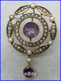 Antique Vintage Amethyst & Seed Pearl Brooch Set In 9ct Yellow Gold Great Cond