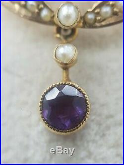 Antique Vintage Amethyst & Seed Pearl Brooch Set In 9ct Yellow Gold Great Cond