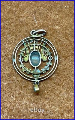 Antique Vintage Victorian Rolled Yellow Gold Aquamarine & Seed Pearl Set Pendant