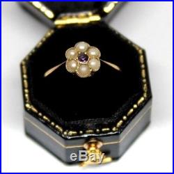 Antique late Victorian pearl & amethyst 9 ct gold daisy set ring size N