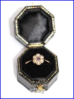 Antique late Victorian pearl & amethyst 9 ct gold daisy set ring size N