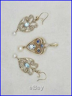 Aquamarine, Pearl & Sapphire Earrings And Pendant Set In 9ct / 9k Yellow Gold