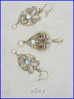 Aquamarine, Pearl & Sapphire Earrings And Pendant Set In 9ct / 9k Yellow Gold