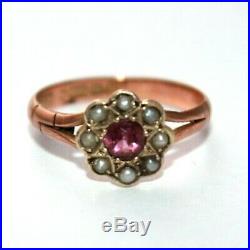 Art Deco 1920 almandine garnet seed pearl daisy set 9 ct rose gold ring size L