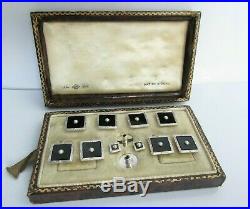 Art Deco 9ct White Gold, Onyx & Seed Pearls Cufflinks, Buttons & Studs Box Set