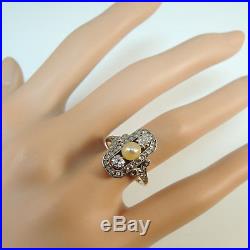 Art Deco Antique Diamond and Pearl Ring 14 Carat Gold White Gold Setting