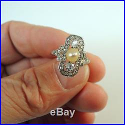 Art Deco Antique Diamond and Pearl Ring 14 Carat Gold White Gold Setting