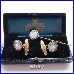Art Deco Diamond Cufflinks 18ct Gold Pearl with Cravat Stick Pin Wedding Groom