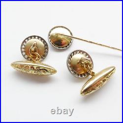 Art Deco Diamond Cufflinks 18ct Gold Pearl with Cravat Stick Pin Wedding Groom