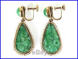 Art Deco Suite of Natural Jadeite Jade Drop Earrings and Pendant Pearls 14K Gold