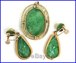 Art Deco Suite of Natural Jadeite Jade Drop Earrings and Pendant Pearls 14K Gold