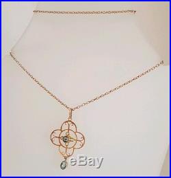 Art Nouveau 9ct gold pendant. Set with Aquamarine Gemstones & seed pearls. C1905