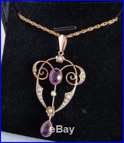 Art Nouveau 9ct gold pendant. Set with two Amethyst Gemstones & seed pearls. C1905