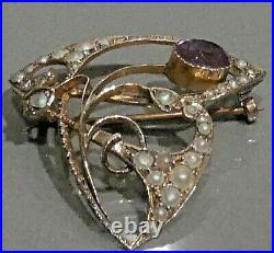 Art Nouveau Amethyst and Seed Pearl Brooch set in 9ct Gold