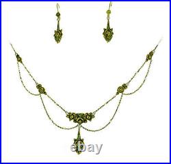 Art Nouveau Enamel Gold NECKLACE and EARRINGS Set with Diamond and Seed Pearl