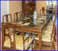 Asian Dining Set withMother of Pearl in Brown & Gold-Table, 10 Chairs & Breakfront