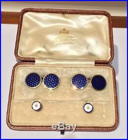 Asprey London 18k Gold & Enamel & Pearl Cufflinks & Collar Studs Set Vintage